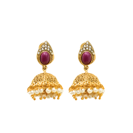 Gold plated jhumka with leaf design red stone with white pearls
