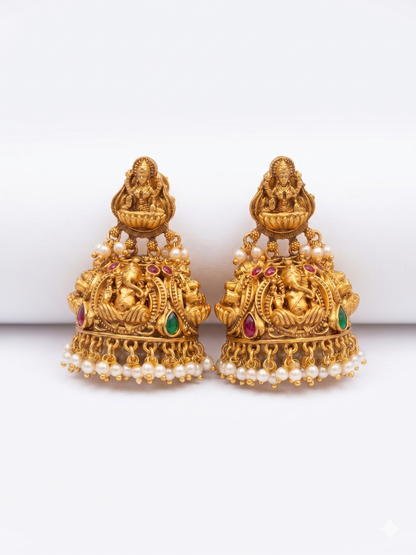 Antique Gold Lakshmi Ganesha Pearl Jhumka Earrings