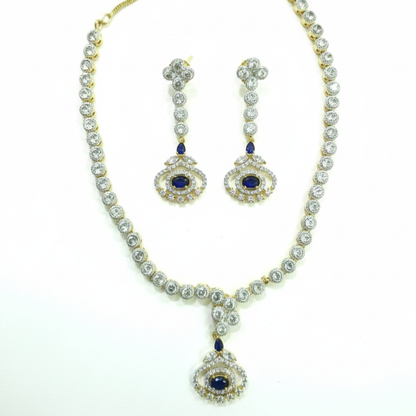 Gold Plated Necklace With Small Blue White Artificial Stones