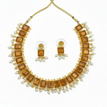 Gold Plated Big Box Necklace Artificial Yellow Stones Necklace