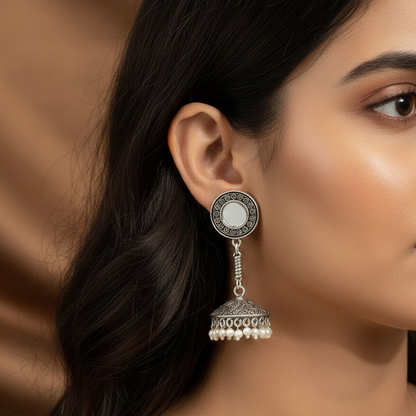 Casual Wear Oxidised Jhumkas with Mirror & Hanging Pearls