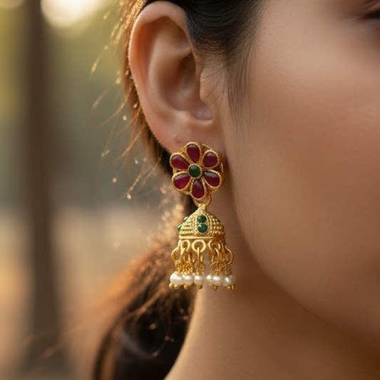 Red Flower Stud with Hanging Pealrs Jhumka
