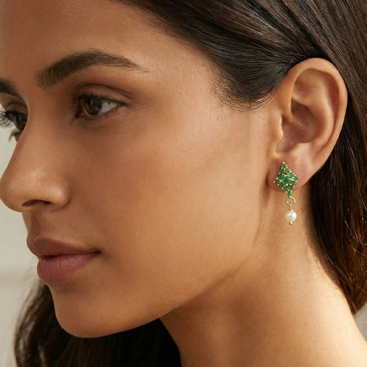 Diamond Shape Green Stones Studs with Hanging Pearls