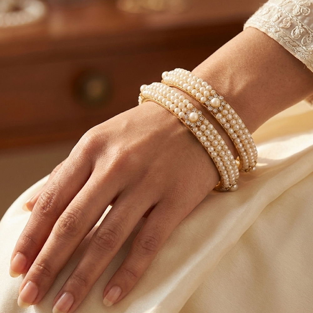 Stone & Pearl Flower Model Pair Bangles