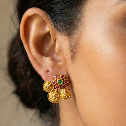 Pink & Green Stones Studs with Kaasu Design