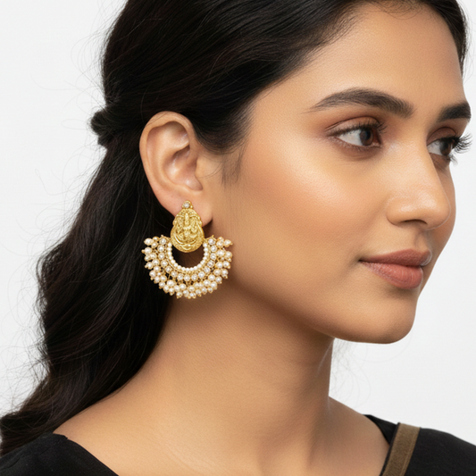 Lakshmi Hanging Pearls Chandbali with Kundan Stones