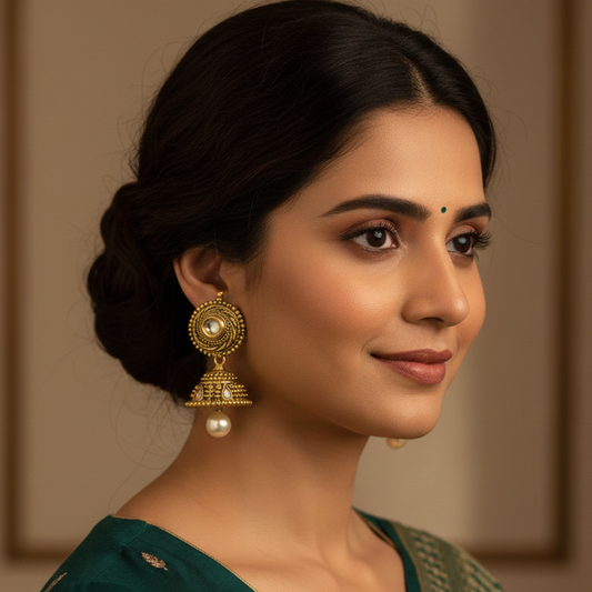 Kundan Stone Antique Jhumka with Hanging Pearls