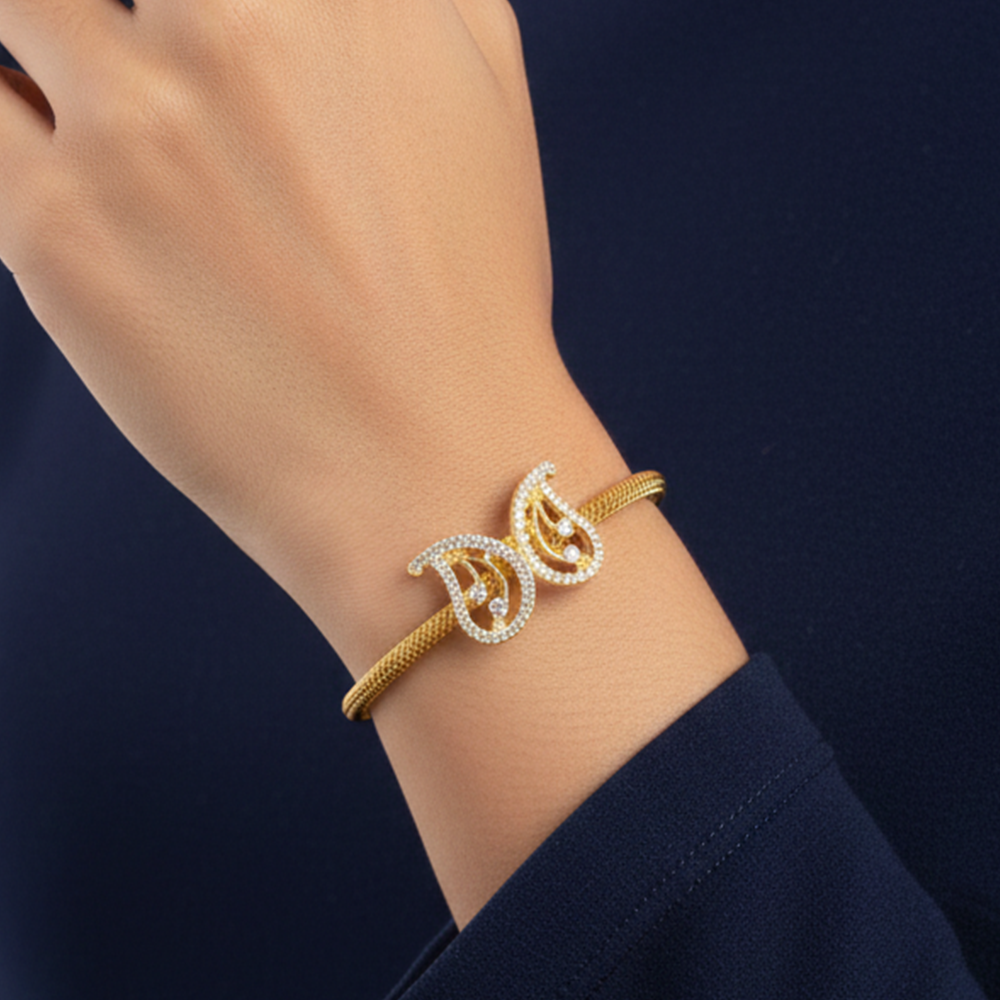 Gold Plated Bracelet Manga Design with White Stone