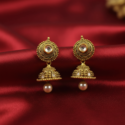 Kundan Stone Antique Jhumka with Hanging Pearls