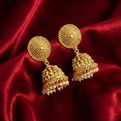 Big Golden Jhumka With Hanging White Pearls