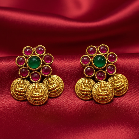 Pink & Green Stones Studs with Kaasu Design