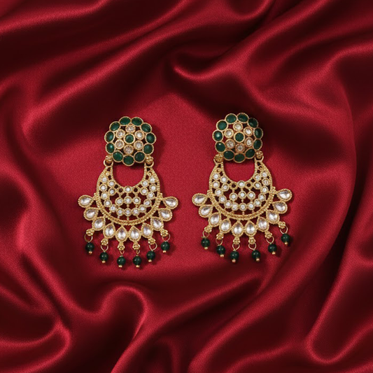 Green Stones with Kundan Stones Hanging Earrings