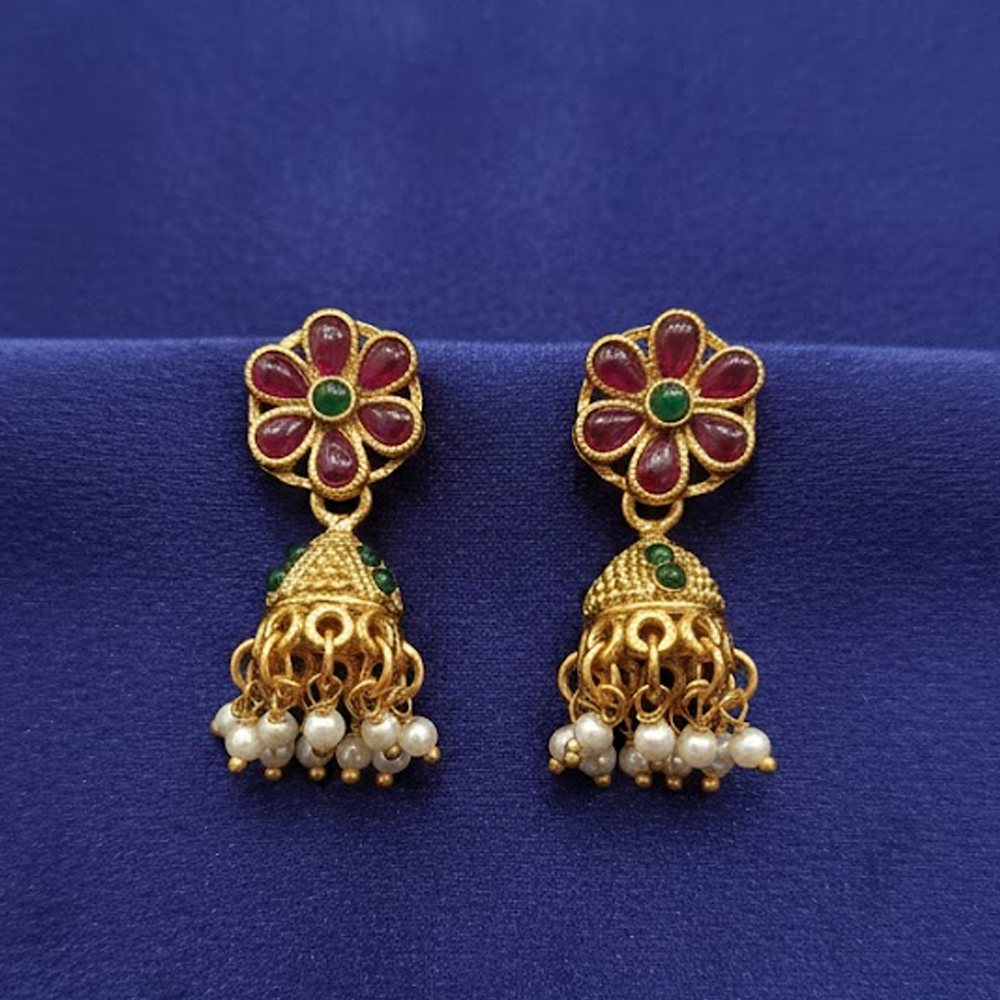 Red Flower Stud with Hanging Pealrs Jhumka