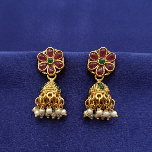Red Flower Stud with Hanging Pealrs Jhumka