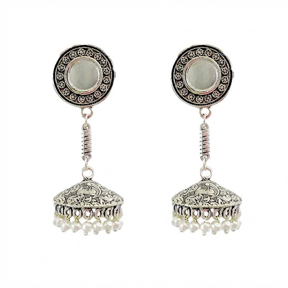Casual Wear Oxidised Jhumkas with Mirror & Hanging Pearls