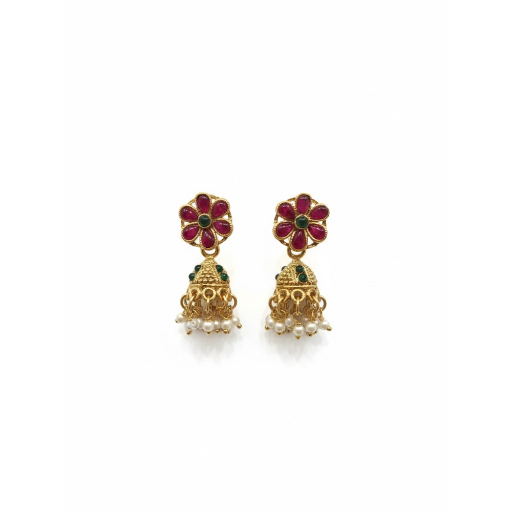Red Flower Stud with Hanging Pealrs Jhumka