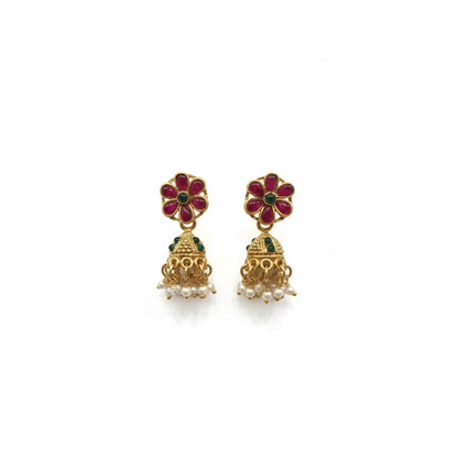 Red Flower Stud with Hanging Pealrs Jhumka