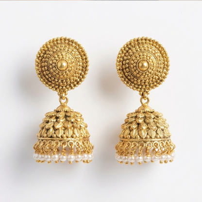 Big Golden Jhumka With Hanging White Pearls