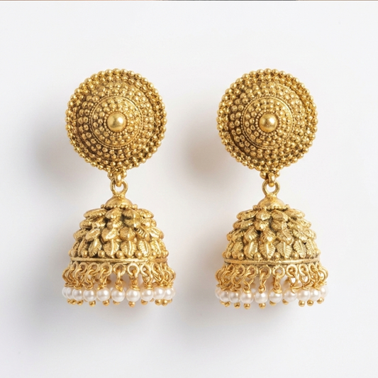 Big Golden Jhumka With Hanging White Pearls