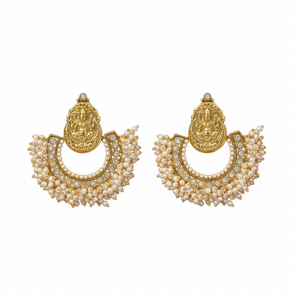 Lakshmi Hanging Pearls Chandbali with Kundan Stones