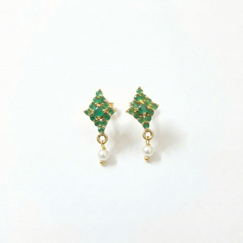 Diamond Shape Green Stones Studs with Hanging Pearls