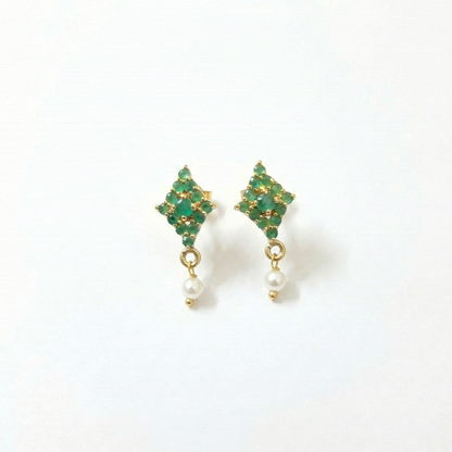 Diamond Shape Green Stones Studs with Hanging Pearls