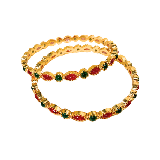 Gold Plated Kemp Bangles With Round Red And Green Stones