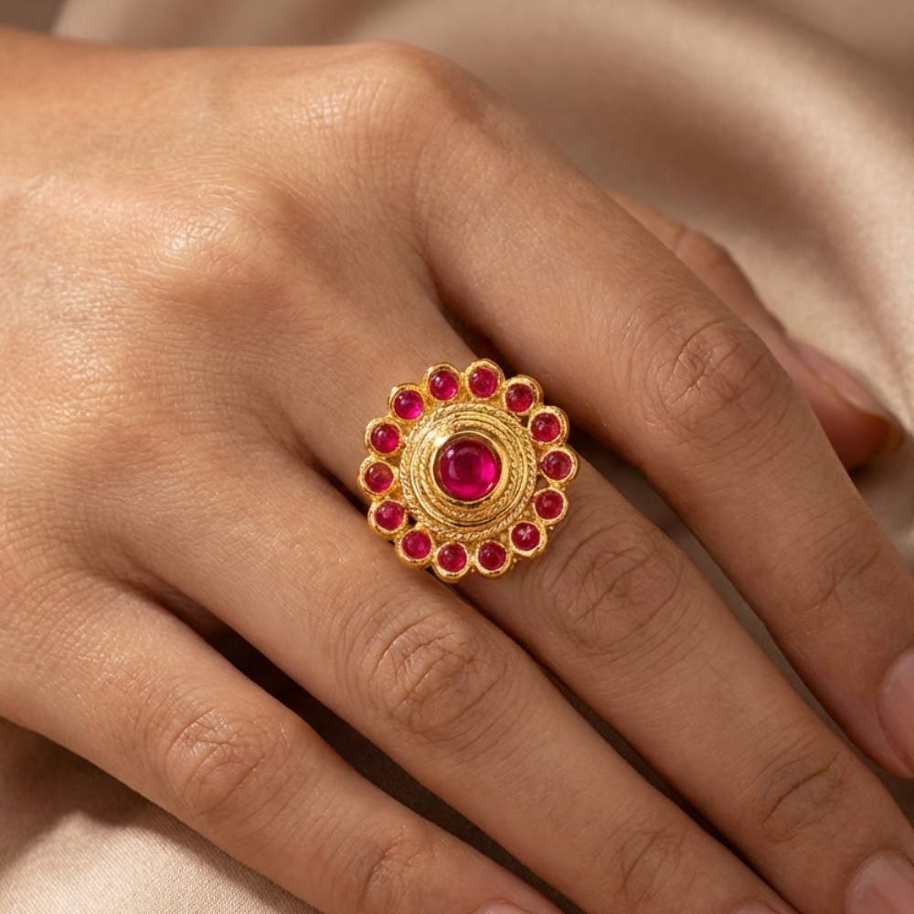 Red Kemp Stone Flower Finger Ring