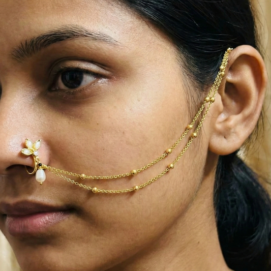 Kundan Stone Flower Double String Nosepin