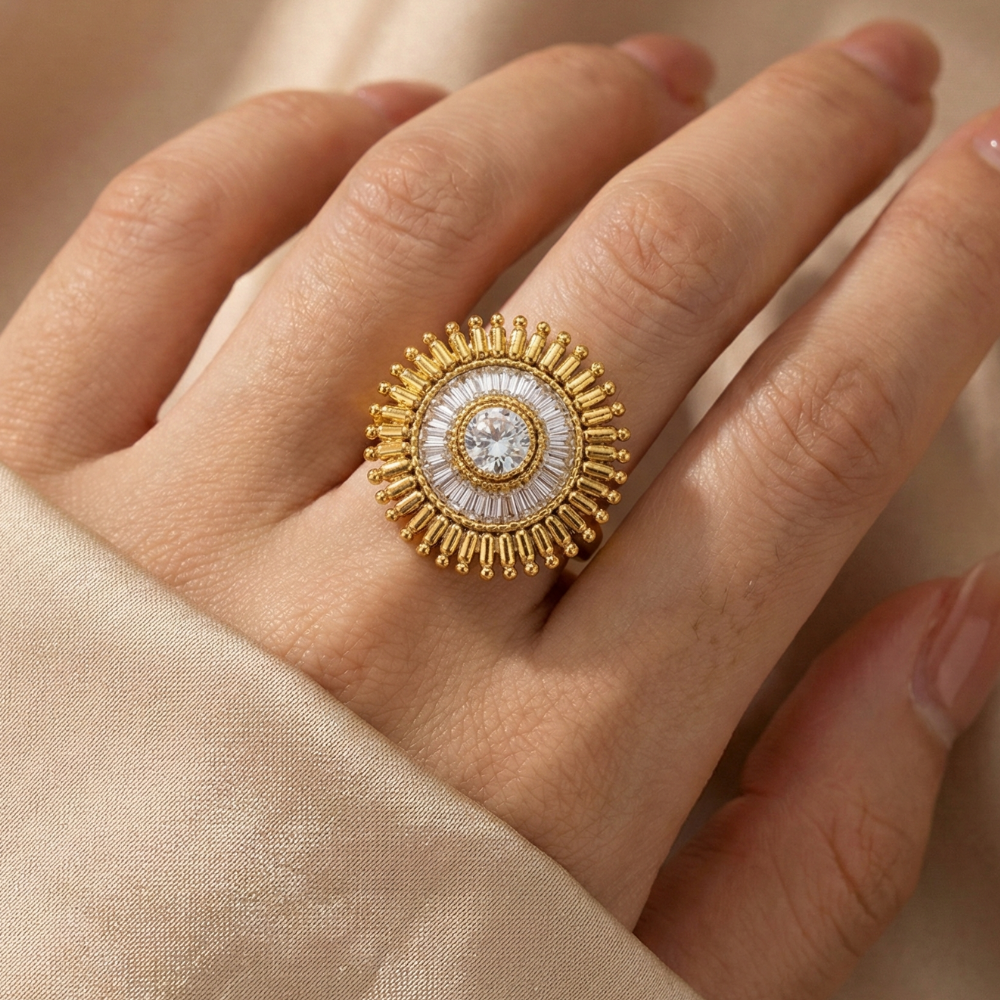 Big Round Finger Ring With White Kundan Stones