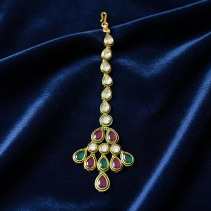 Gold Plated Maang Tikka Peacock Feather Design with Kundan Stones
