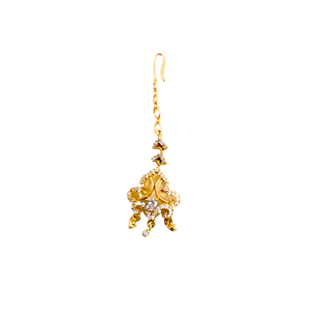 Gold plated maang tikka with double leaf white stone