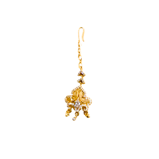 Gold plated maang tikka with double leaf white stone