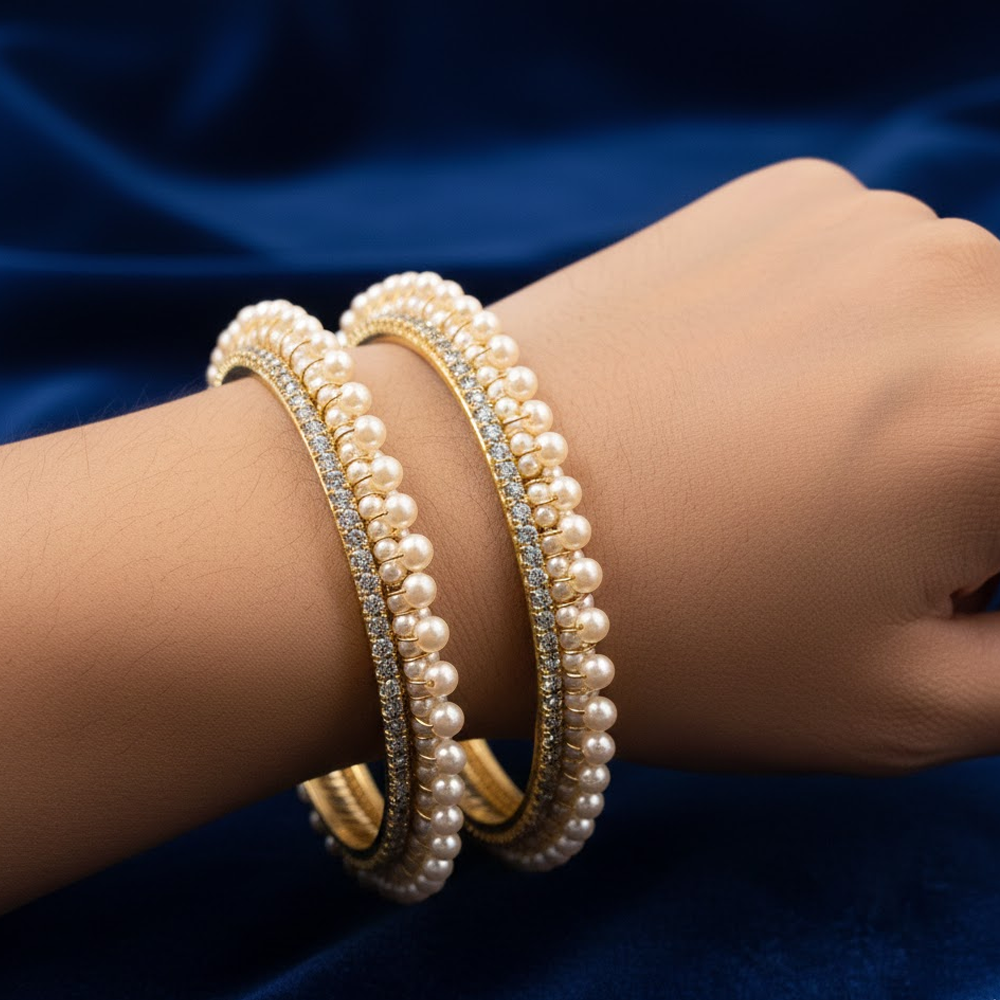 Gold Plated Pearl Bangles With White Stones