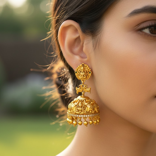 Jhumkas With Golden Beads & Lakshmi Studs