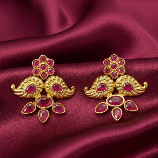 Maanga Pattern White & Red Stones Studs