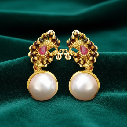 Peacock Earring with Green and Pink Pearls Studs