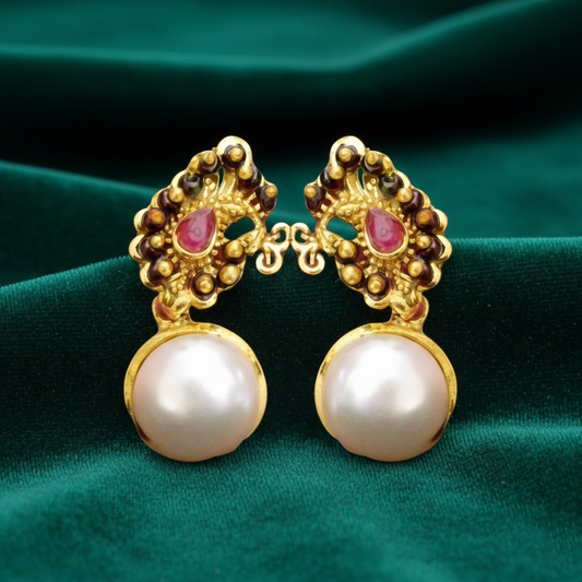 Peacock Earring with Green and Pink Pearls Studs