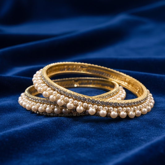 Gold Plated Pearl Bangles With White Stones