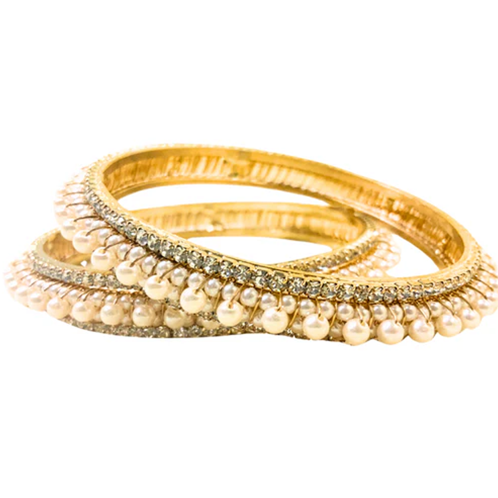 Gold Plated Pearl Bangles With White Stones