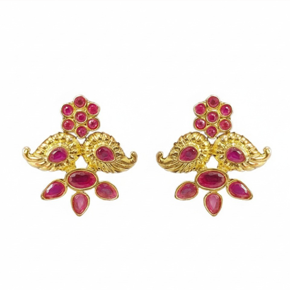 Maanga Pattern White & Red Stones Studs
