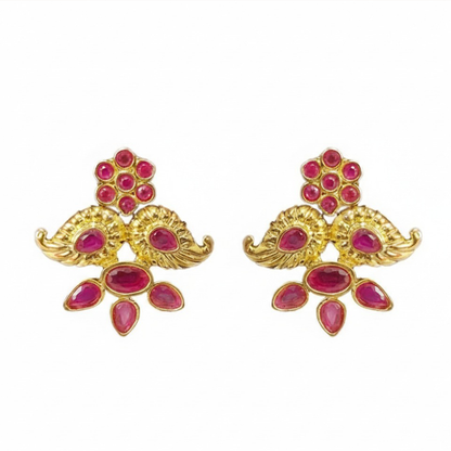 Maanga Pattern White & Red Stones Studs