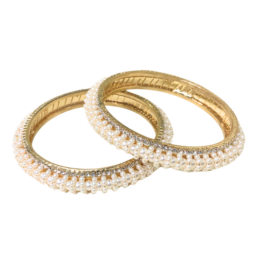 Gold Plated Pearl Bangles With White Stones