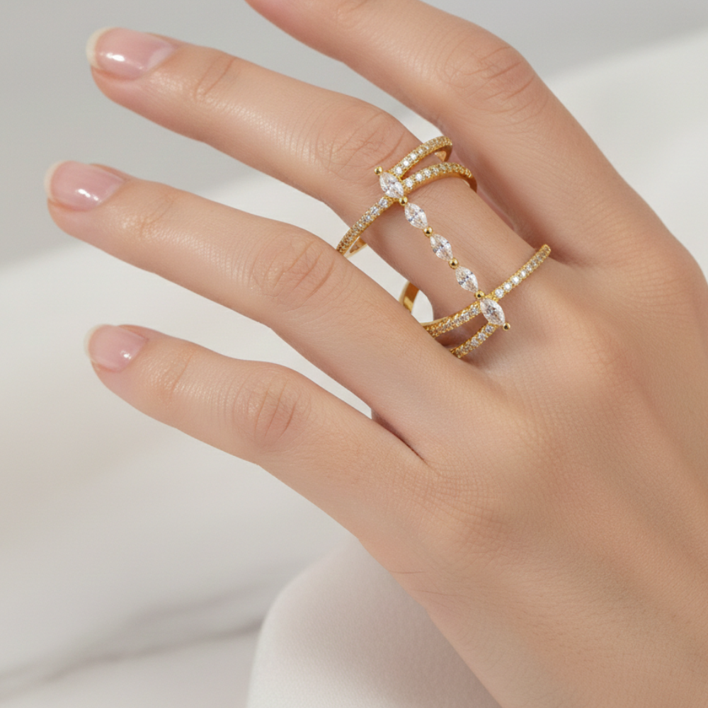 Golden Finger Ring With Spiral Design with White Stones