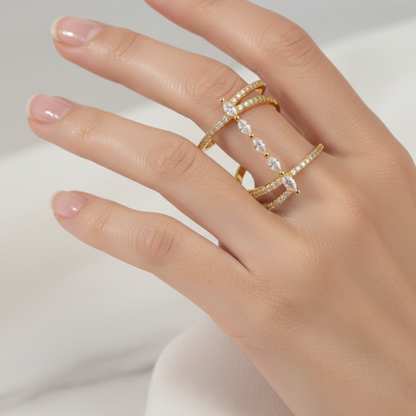 Golden Finger Ring With Spiral Design with White Stones