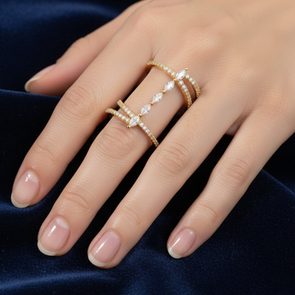 Golden Finger Ring With Spiral Design with White Stones