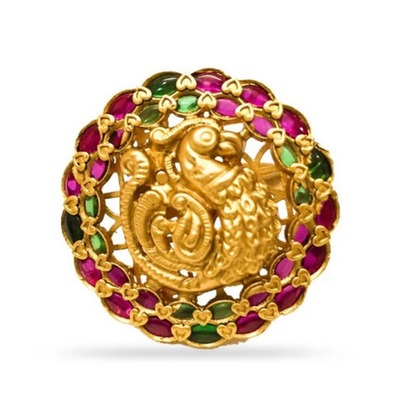 Peacock Design Red And Green Stone Finger Ring