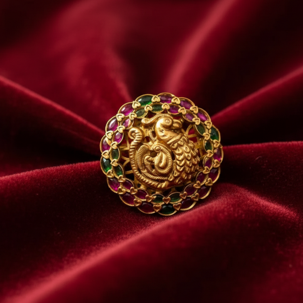 Peacock Design Red And Green Stone Finger Ring