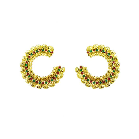 Gold plated round leaf design stud with red and green stone