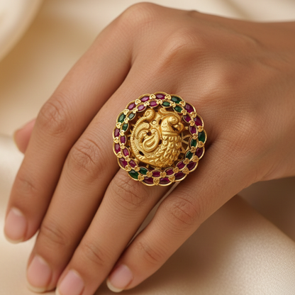 Peacock Design Red And Green Stone Finger Ring